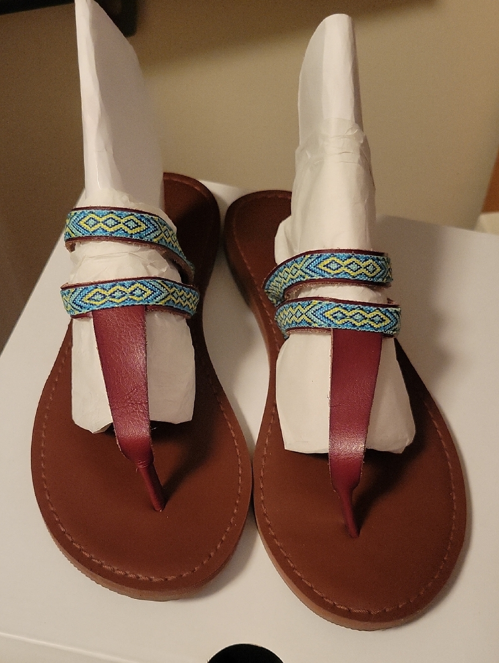 Hollister Brown Sandals with Blue and Yellow Woven Straps